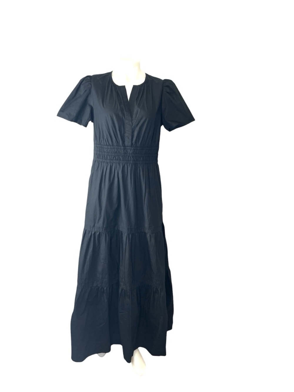 Quince black poplin tiered organic cotton short sleeve maxi dress Med NWT